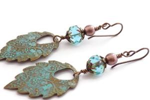 Patinated Autumn Leaf Earrings with Czech Glass Beads, Handmade Jewelry 