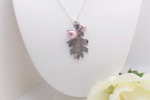  Acorn and Oak Leaf Necklace, Swarovski Pearls  Autumn Handmade Jewelry 