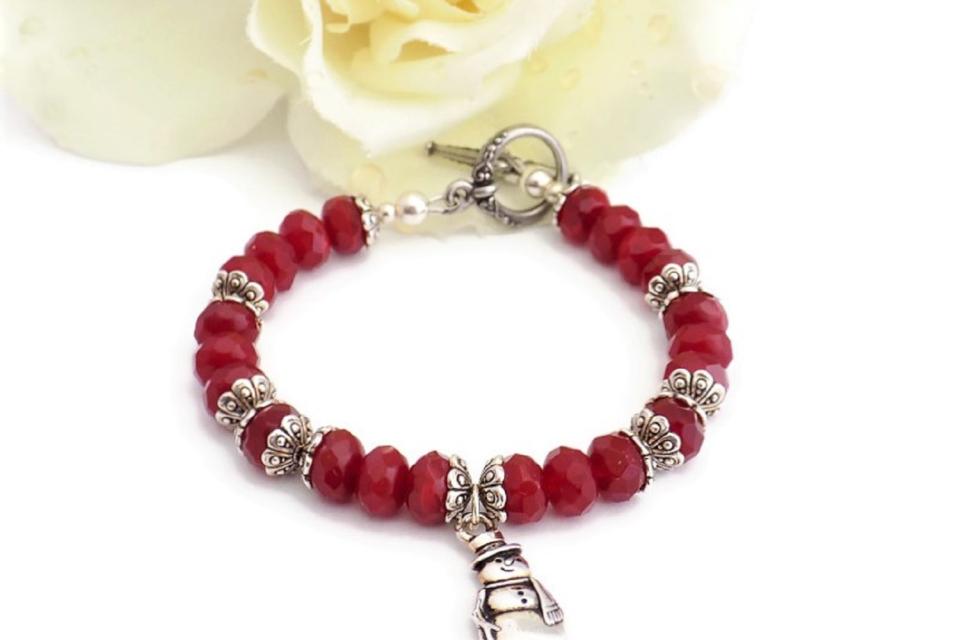 Snowman Charm Bracelet, Cranberry Red Handmade Christmas Jewelry