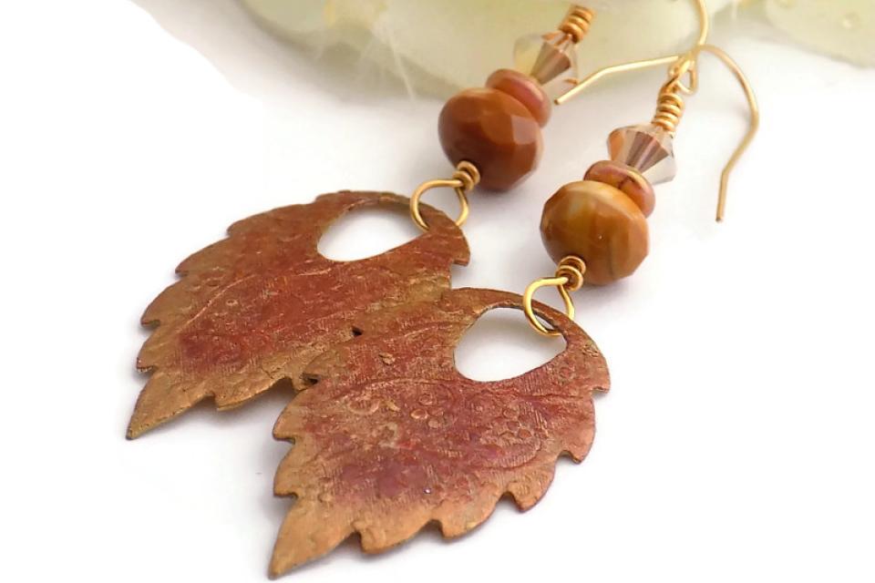 Autumn Spiced Patinated Leaf Earrings with Czech and Swarovski Glass Beads