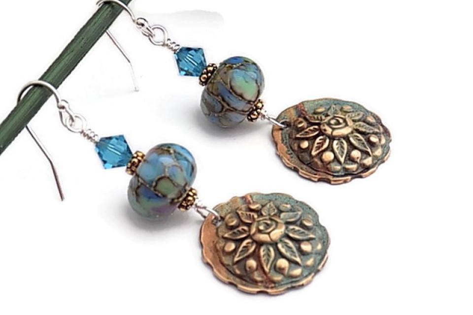 Blue Copper Bronze Flower Earrings, Handmade Lampwork Jewelry