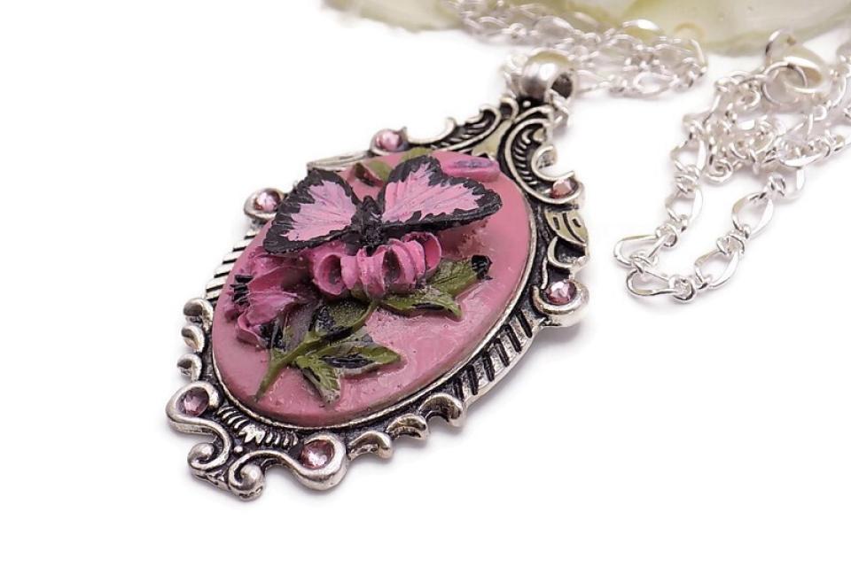 Pink Butterfly Cameo Necklace, Hand Painted Handmade Jewelry Gift