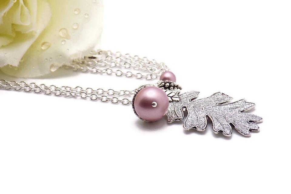  Acorn and Oak Leaf Necklace, Swarovski Pearls  Autumn Handmade Jewelry 