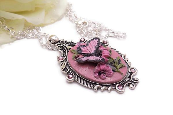 Pink Butterfly Cameo Necklace, Hand Painted Handmade Jewelry Gift