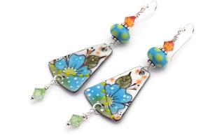 Artisan Blue Floral Enamel Earrings,  Lampwork Crystal Handmade Jewelry