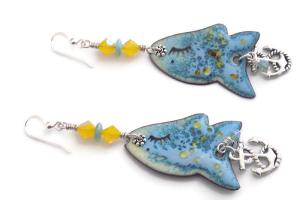 Blue Fish Enamel Earrings,  Artisan Handmade Jewelry