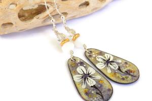 White Flower Enamel Earrings, Gold Purple Handmade Dangle Jewelry