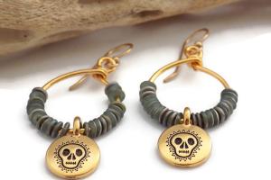 Gold Hoop Earrings with a Skull Charm, Day of the Dead Halloween Jewelry