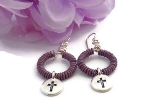 Silver Beaded Hoop Earrings, Religious Cross Charm Jewelry, Handmade Gift