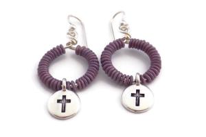 Silver Beaded Hoop Earrings, Religious Cross Charm Jewelry, Handmade Gift
