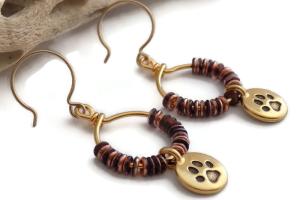 Gold Paw Charm Beaded Hoop Earrings, Handmade Animal Lover Jewelry