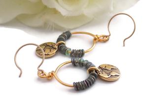 Earth Charm Earrings, Beaded Hoop Earrings with Czech Peridot Beads