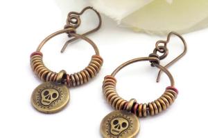 Bronze Skull Hoop Earrings, Handmade Halloween Jewelry