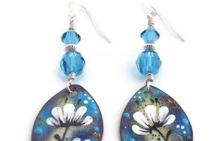 Artisan White Floral Earrings with Swarovski Indicolite Crystals Handmade Jewelry