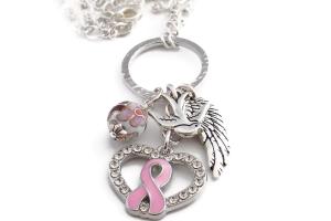 Pink Ribbon Heart Charm Necklace, Breast Cancer Awareness Jewelry