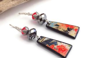 Red Black Floral Earrings, Handmade Polymer Clay Jewelry
