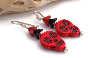 Red and Black Sugar Skull Earrings, Day of the Dead, Halloween Jewelry