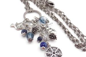 Silver Blue Winter Theme Charm Necklace, Handmade Women Jewelry Gift