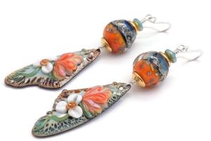 Orange Green Flower Earrings, Handmade  Lampwork Jewelry