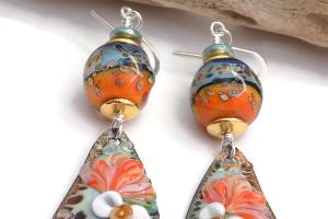 Orange Green Flower Earrings, Handmade  Lampwork Jewelry