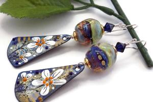  Blue White Floral Enamel Earrings, Artisan Lampwork Jewelry
