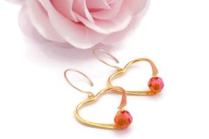 Gold Heart Shaped Pendant Earrings with Swarovski Astral Pink Crystals