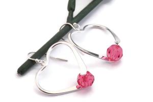 Heart Shaped Pendant Earrings, Swarovski Indian Pink Crystals Handmade Jewelry 