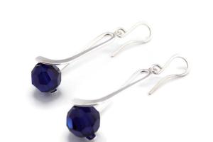 Silver Teardrop Pendant Earrings with Swarovski Indigo Crystal Beads