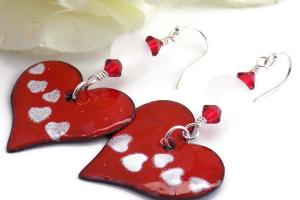 Red Enamel Hearts with White Heart Accent Earrings, Handmade Valentines Gift
