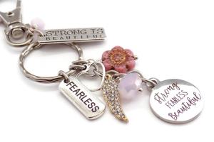 Motivational Silver Keychain for Women, Strong Fearless Beautiful