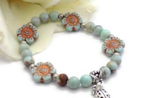 Lady Bug Charm Bracelet with Aqua Terra Agate and Czech Flower Beads
