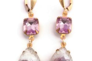 Textured Stone Teardrop Earrings with Vintage Swarovski Light Amethyst Crystals