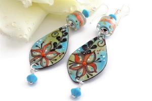 Turquoise Coral Enamel Flower Earrings, Handmade Bohemian Jewelry