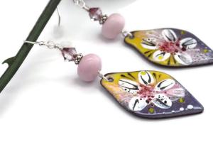 Enamel Floral Earrings, Lampwork Swarovski Crystals Handmade Jewelry