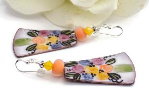 Spring Floral Artisan  Enamel Earrings, Handmade Lampwork Jewelry