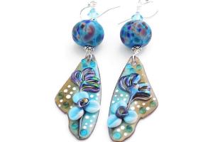 Blue Purple Flower Enamel Earrings, Handmade Lampwork Jewelry