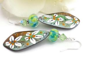 Green and White Artisan Enamel Earrings, Handmade Lampwork Jewelry