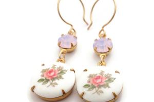 Powder Pink Rose Cameo Earrings with  Swarovski Rhinestones, Handmade Jewelry Gift
