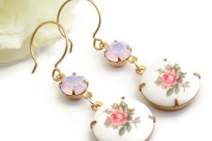 Powder Pink Rose Cameo Earrings with  Swarovski Rhinestones, Handmade Jewelry Gift