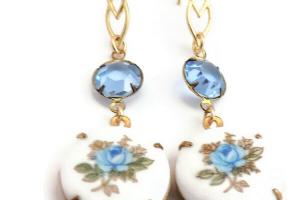 Sapphire Blue Rose Earrings with Swarovski Crystals, Handmade Jewelry Gift