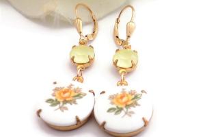 Yellow Crystal Rose Cameo Earrings with Gold Filled Lever Backs