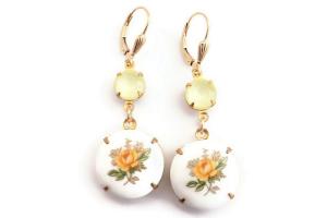 Yellow Crystal Rose Cameo Earrings with Gold Filled Lever Backs