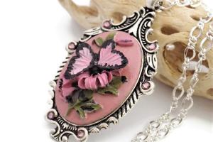 Pink Butterfly Cameo Necklace, Hand Painted Jewelry Gift