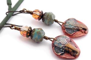 Rustic Elephant Bohemian Earrings, Handmade Polymer Clay Jewelry