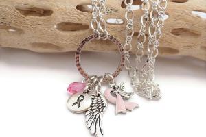 Pink Awareness Ribbon Charm Necklace, Breast Cancer Awareness Jewelry