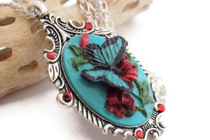 Turquoise Butterfly Cameo Necklace, Hand Painted Handmade Jewelry