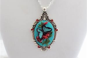 Turquoise Butterfly Cameo Necklace, Hand Painted Handmade Jewelry