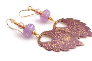 Purple Patina and Brass Leaf Earrings with Artisan Lampwork Beads