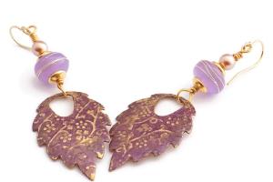 Purple Patina and Brass Leaf Earrings with Artisan Lampwork Beads