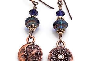 Moon and Star Copper Celestial Earrings, Handmade Jewelry Gift 